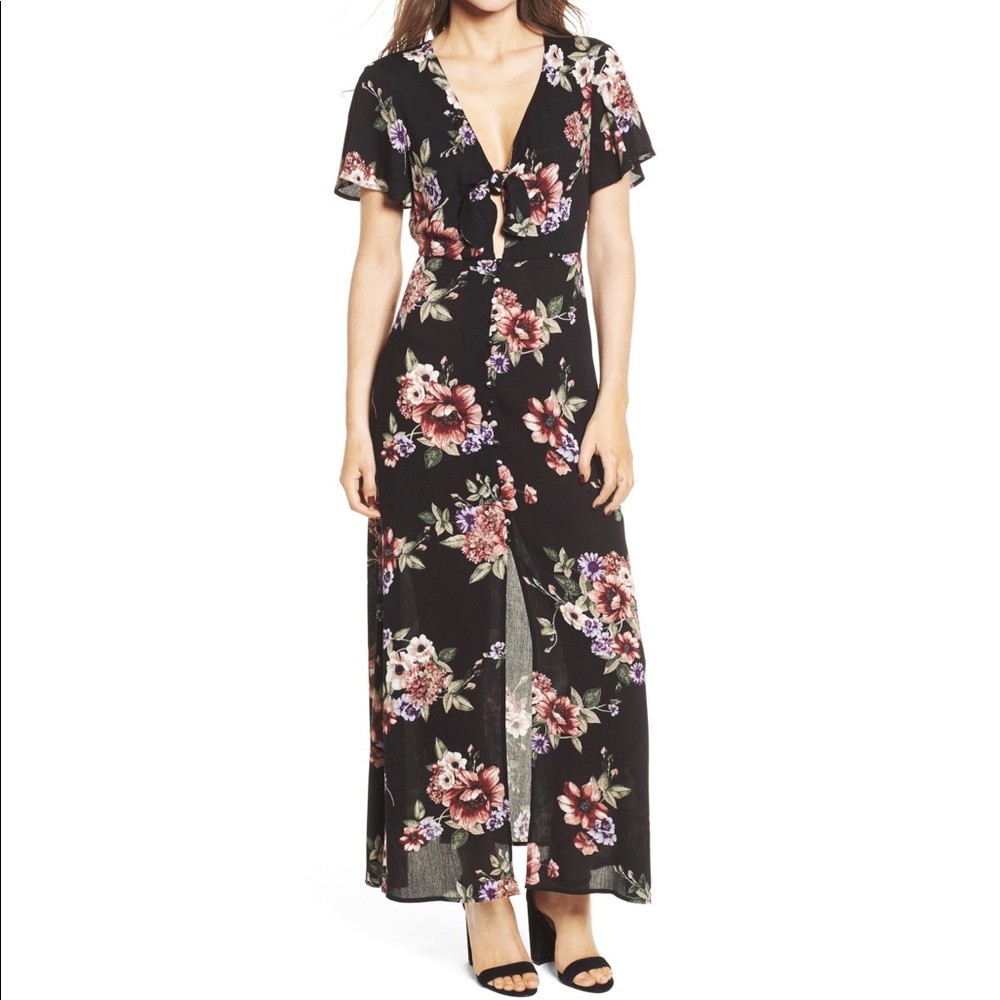 Soprano Black Tie Front Button Down Maxi Dress
